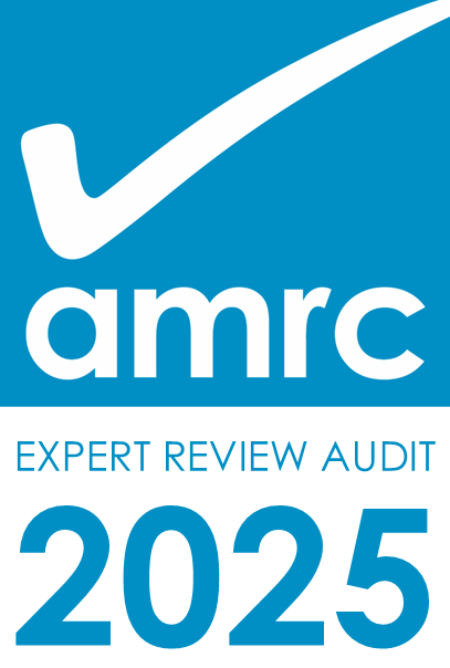 Blue logo with text 'AMRC Expert Review Audit 2025'.