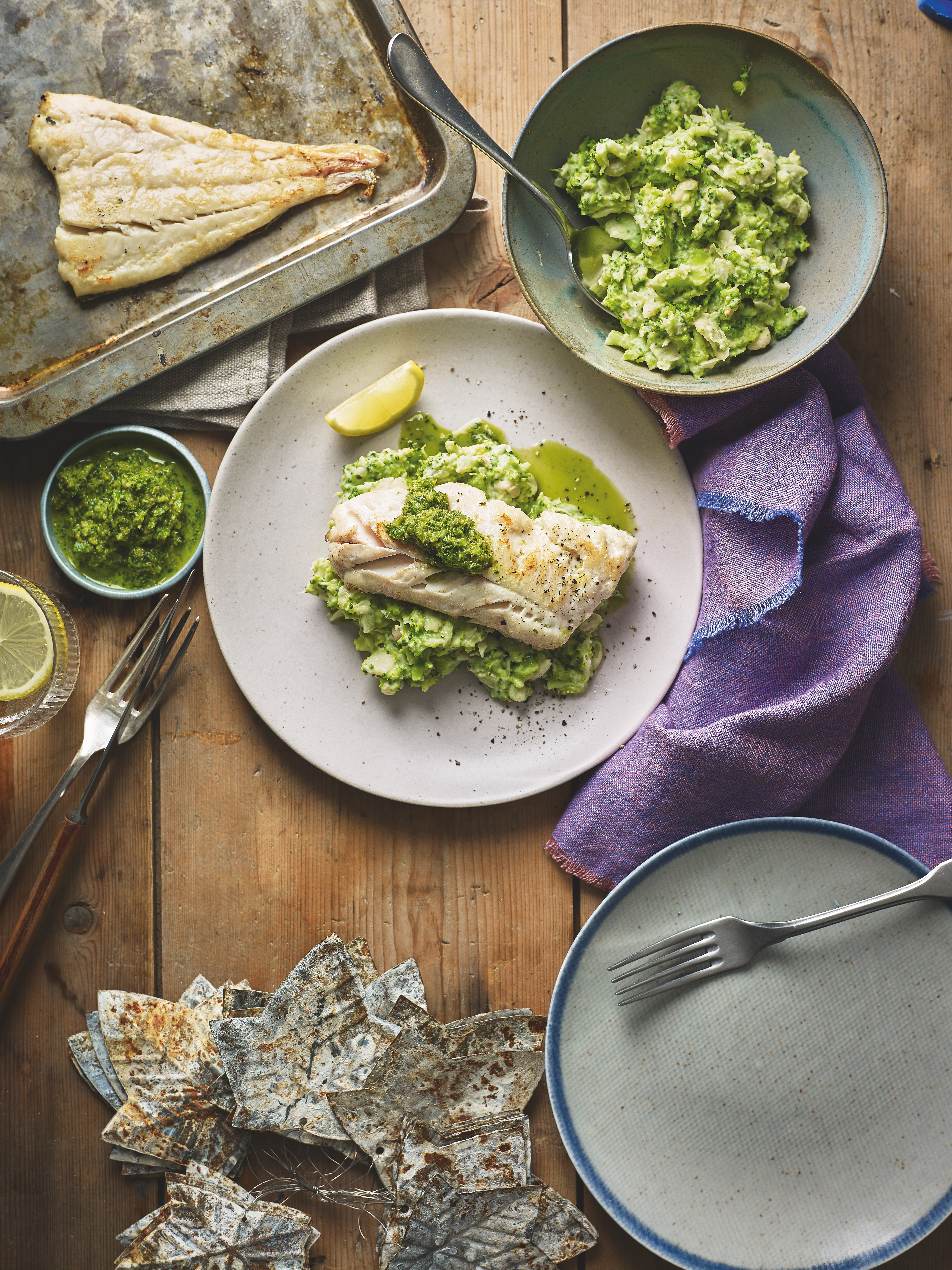 Haddock with salsa verde, broccoli and bean mash