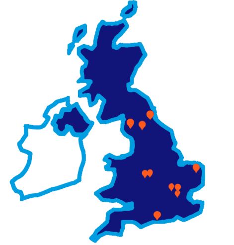 A map of the UK, with orange tags displaying the location of our Lab teams