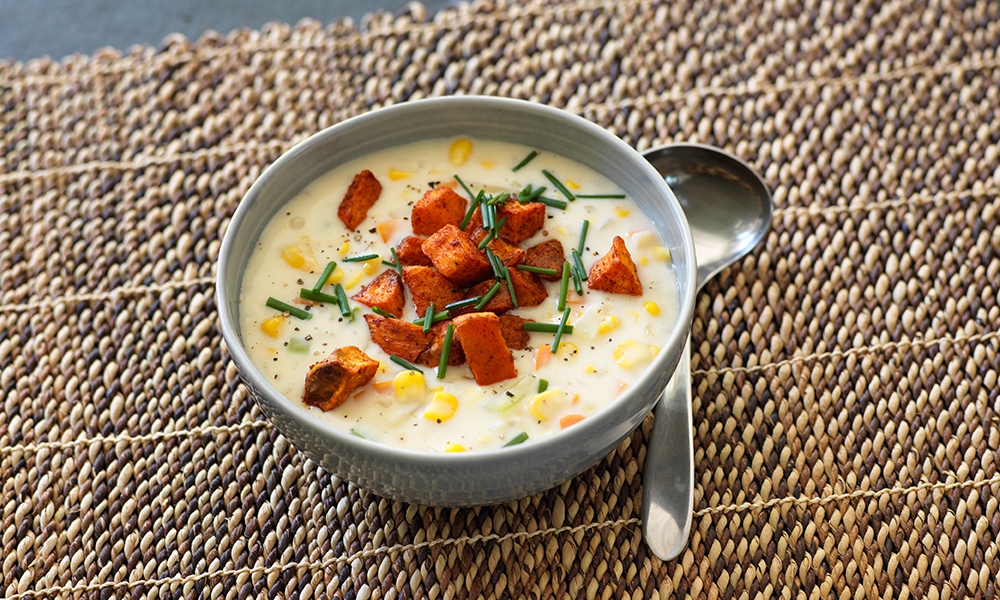 Corn chowder with sweet potato croutons