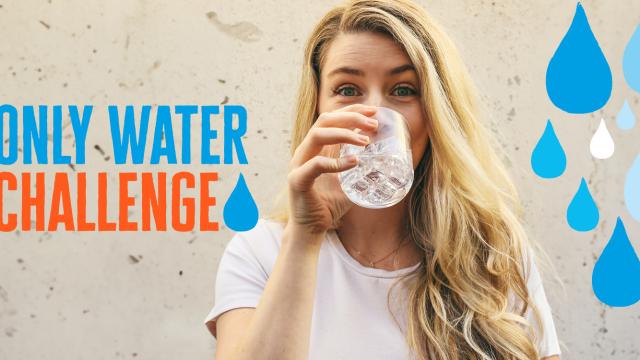 image of woman drinking water with the text Only Water Challenge