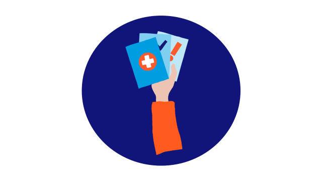 Cartoon hand holding up pamplets on dark blue background