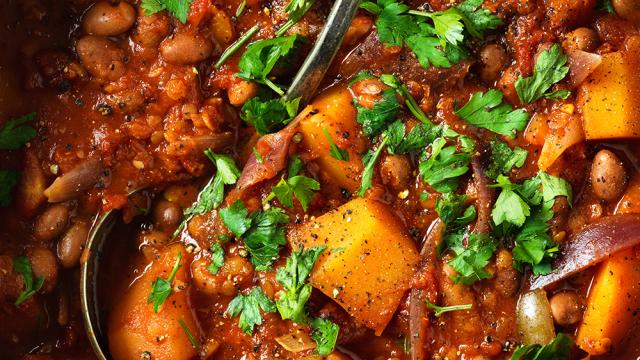 Close up shot of butternut squash borlotti bean stew