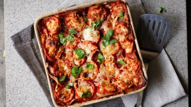 Spinach and mushroom lasagne in oven tin