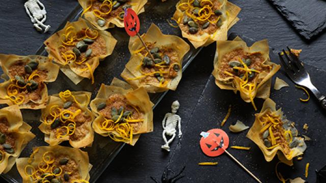 Tray of mini pumpkin filo pies
