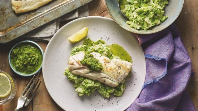 Plate of haddock with salsa verde, broccoli and bean mash