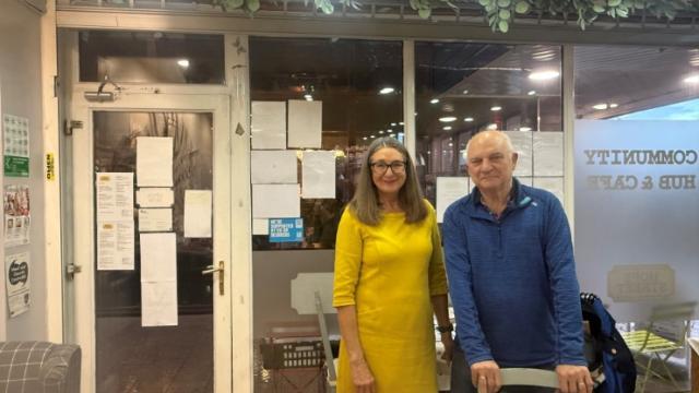 Linda, pictured wearing a yellow dress, Peter is pictured wearing a blue shirt. 