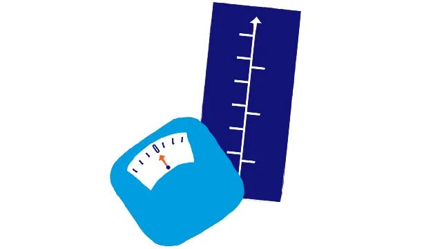 Cartoon image of weighing scales and yardstick to measure height