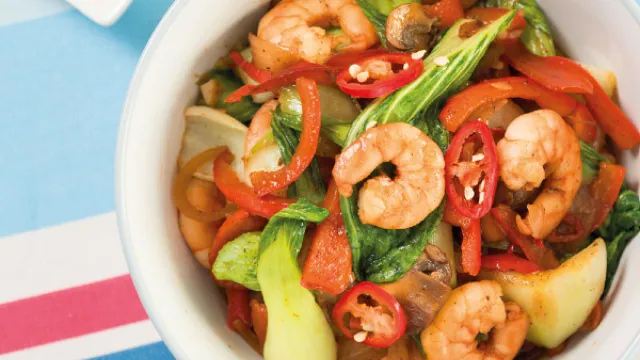 Spicy prawn and pak choi stir-fry