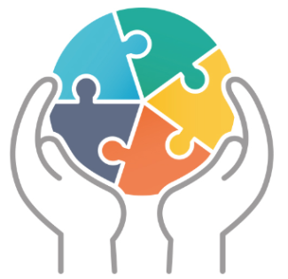 Illustrated hands cupping a circular jigsaw puzzle