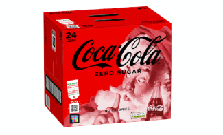 A photo of a multipack of Coca-Cola Zero Sugar, with read carboard packaging showing an illustration of Father Christmas