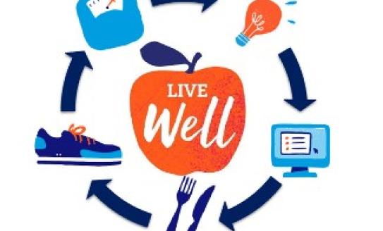 A cartoon apple with the words 'live well' in the centre, surrounded by cartoon images of scales, a light bulb, a computer, a knife and fork and a trainer, with arrows going between them in a wheel shape around the apple