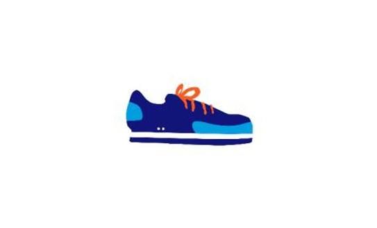 A cartoon drawing of a blue trainer with orange shoelaces