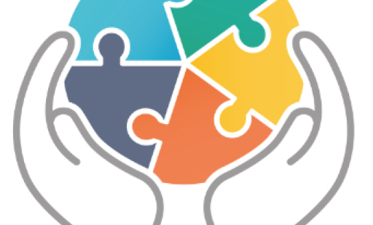 Illustrated hands cupping a circular jigsaw puzzle