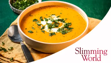 Carrot and coriander soup with Slimming World logo