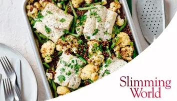 Fish traybake with cauliflower and lentils with Slimming World logo