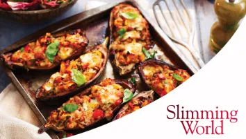 Stuffed baked aubergine with Slimming World logo