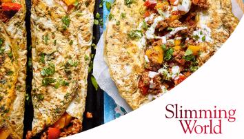 Omelette wraps with a beef, tomato and pepper mixture, drizzled with lime yoghurt and coriander on top 