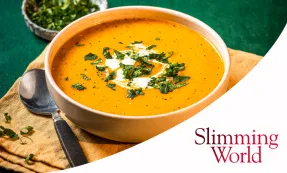 Carrot and coriander soup with Slimming World logo