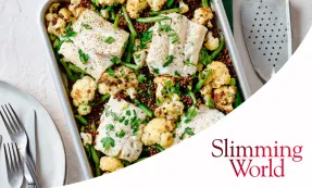 Fish traybake with cauliflower and lentils with Slimming World logo