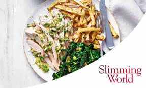 Roast chicken with celeriac chips with Slimming World logo