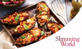 Stuffed baked aubergine with Slimming World logo
