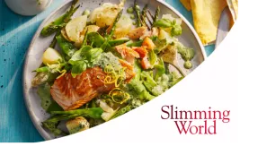 Salmon and asparagus with watercress sauce with Slimming World logo