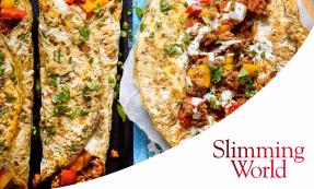 Omelette wraps with a beef, tomato and pepper mixture, drizzled with lime yoghurt and coriander on top 