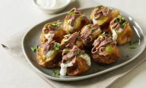 Baby baked potatoes with beef and horseradish