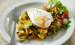 Brussels and bacon hash with poached egg Brussels and bacon hash with poached egg