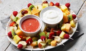 Skewered fruit with dipping sauces Skewered fruit with dipping sauces