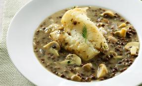 Roast cod with creamy mushroom lentils Roast cod with creamy mushroom lentils