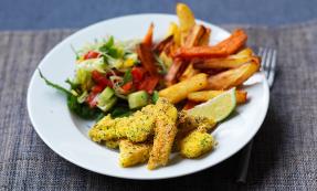 Sole goujons with vegetable chips Sole goujons with vegetable chips