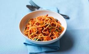 Spaghetti with courgette, chilli, tomato and bacon