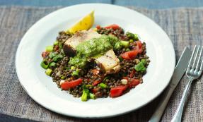Roasted swordfish with salsa on puy lentils Roasted swordfish with salsa on puy lentils