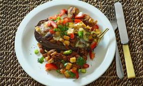 Aubergine stuffed with tofu, mushrooms and borlotti beans Aubergine stuffed with tofu, mushrooms and borlotti beans