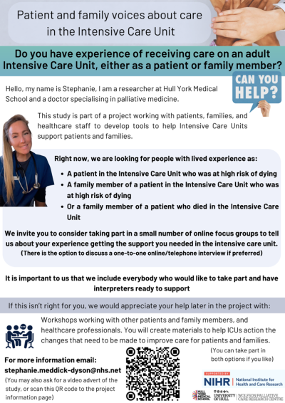 Image of a poster for research study with explanatory text, photo of researcher and a QR code.