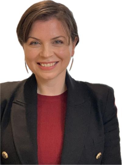 Image of a woman smiling in a red top with a black blazer.